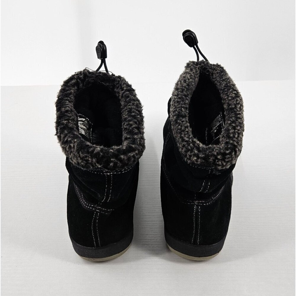 Eddie Bauer Women 8 Hedy Black Pull-on Boots Leather Suede Faux Fur Cinch Top - Picture 5 of 7